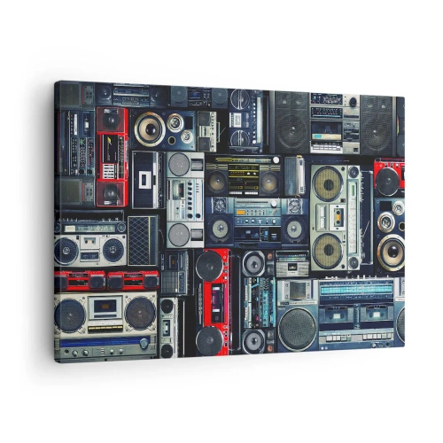 Lærredstryk - Billede på lærred - En collage af retro båndoptagere og vintage højttalere. - 70x50cm - Nostalgi for 1980'erne. - Moderne vægdekoration til stue og soveværelse ARTTOR