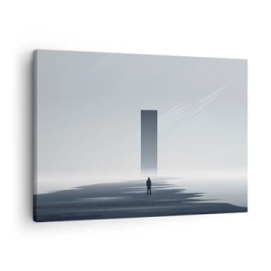 Lærredstryk - Billede på lærred - Et minimalistisk landskab med en silhuet ved siden af en rektangulær monolit - 70x50cm - Mulighed eller trussel? - Moderne vægdekoration til stue og soveværelse ARTTOR