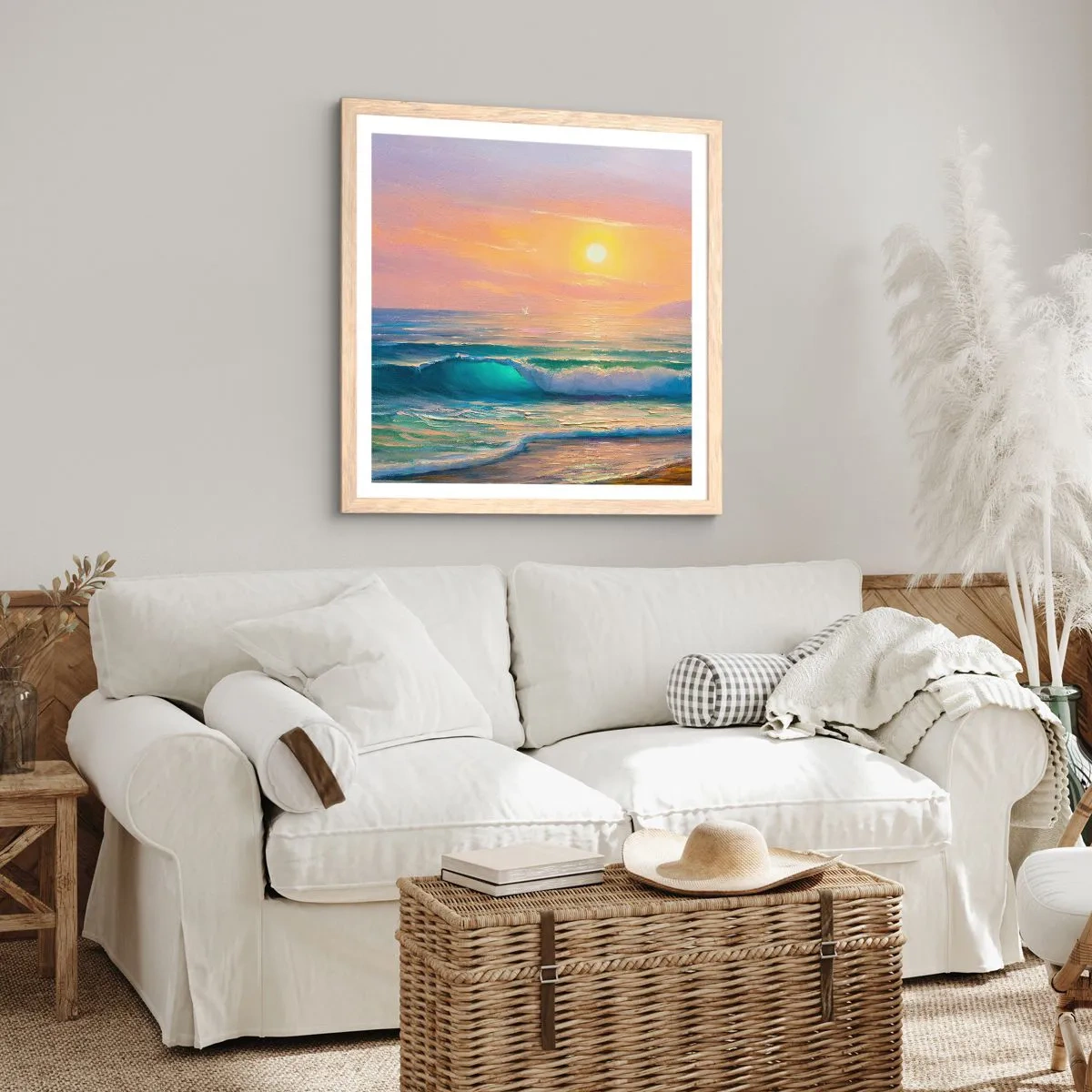 Plakat i ramme af lyst egetræ - Bølgernes turkisfarvede sang - 50x50 cm