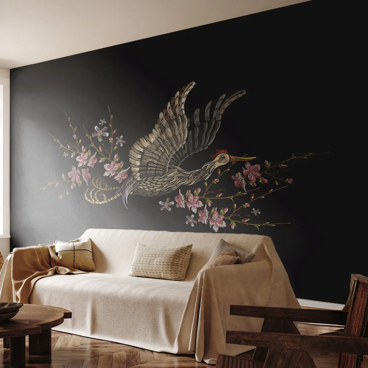 Fototapet Premium Canvas - Eksotisk broderet fugl - Fugl, Grafik, Blomster - 250x175 cm