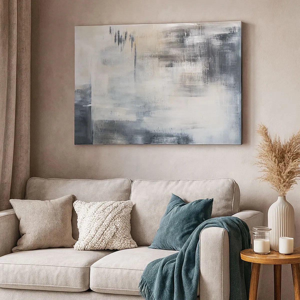 Lærredstryk - Billede på lærred - Abstrakt komposition i nuancer af blå og grå - 70x50cm - Bag et slør af blåt - Moderne vægdekoration til stue og soveværelse ARTTOR