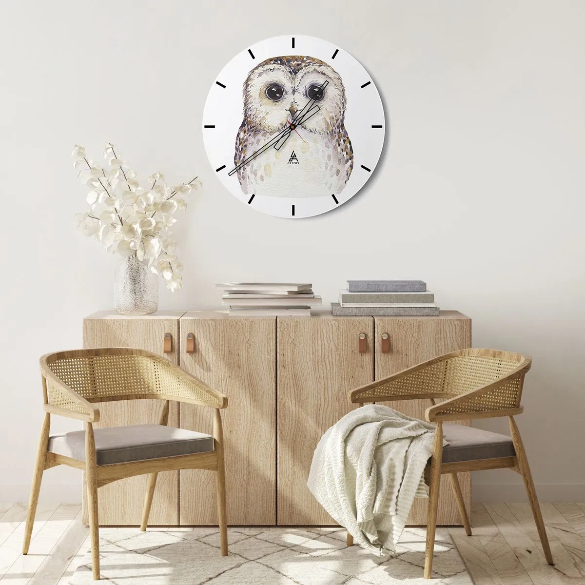 Vægur, Uret - Akvarel ugle med store øjne på en hvid baggrund - 30x30cm - Se mig i øjnene - Moderne vægdekoration til stue, køkken og soveværelse ARTTOR