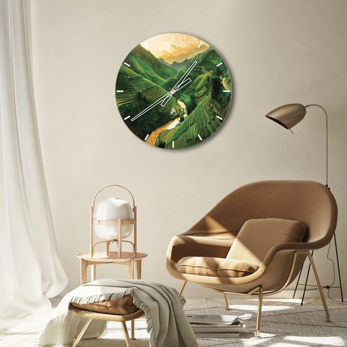 Vægur, Uret - Risterrasser blandt bjergene ved solnedgang - 30x30cm - Vietnamesisk dal - Moderne vægdekoration til stue, køkken og soveværelse ARTTOR