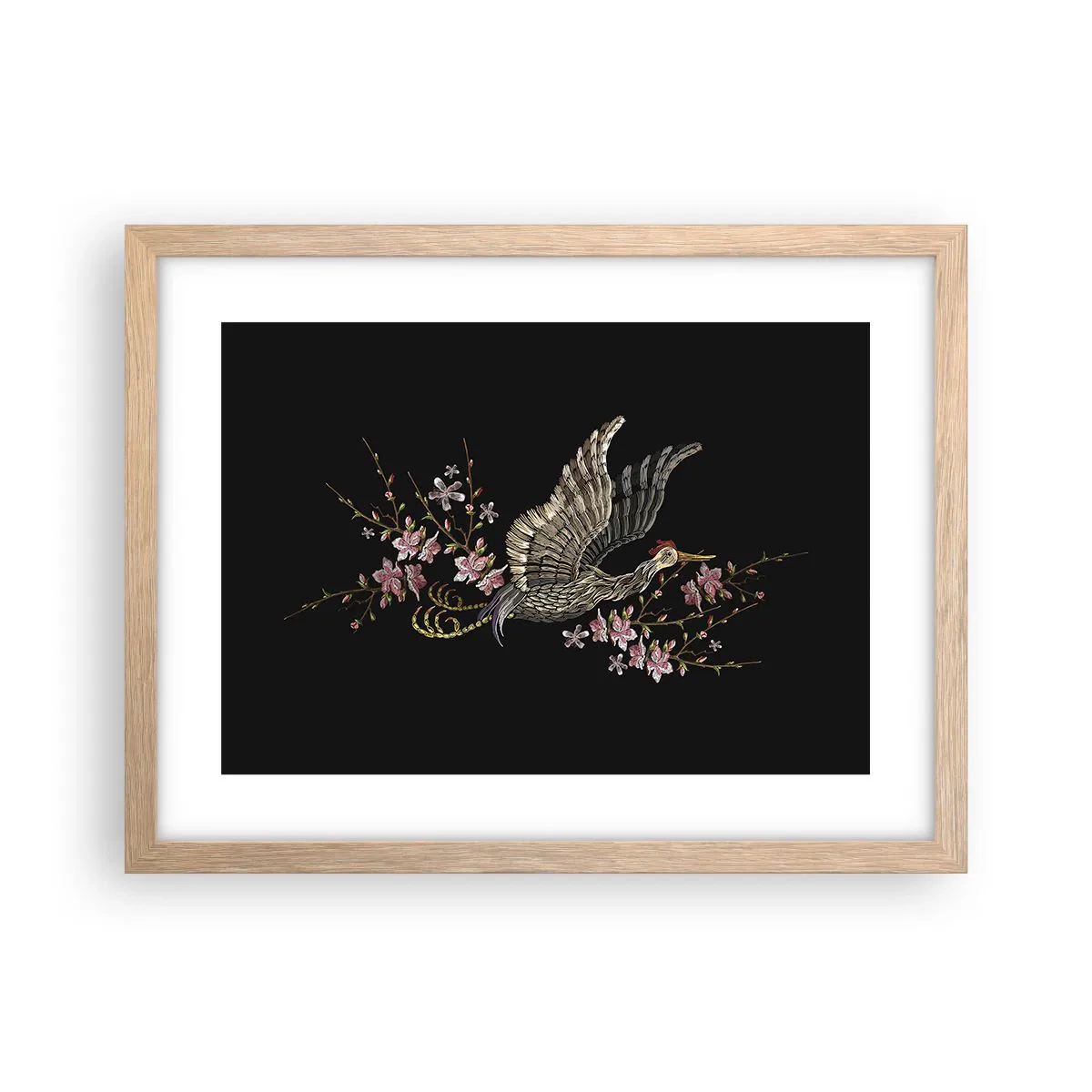 Plakat i ramme af lyst egetræ - Eksotisk broderet fugl - 40x30 cm