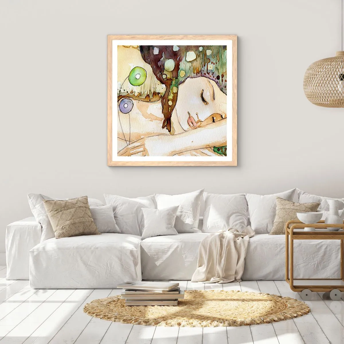 Plakat i ramme af lyst egetræ - Smaragd-violet drøm - 30x30 cm