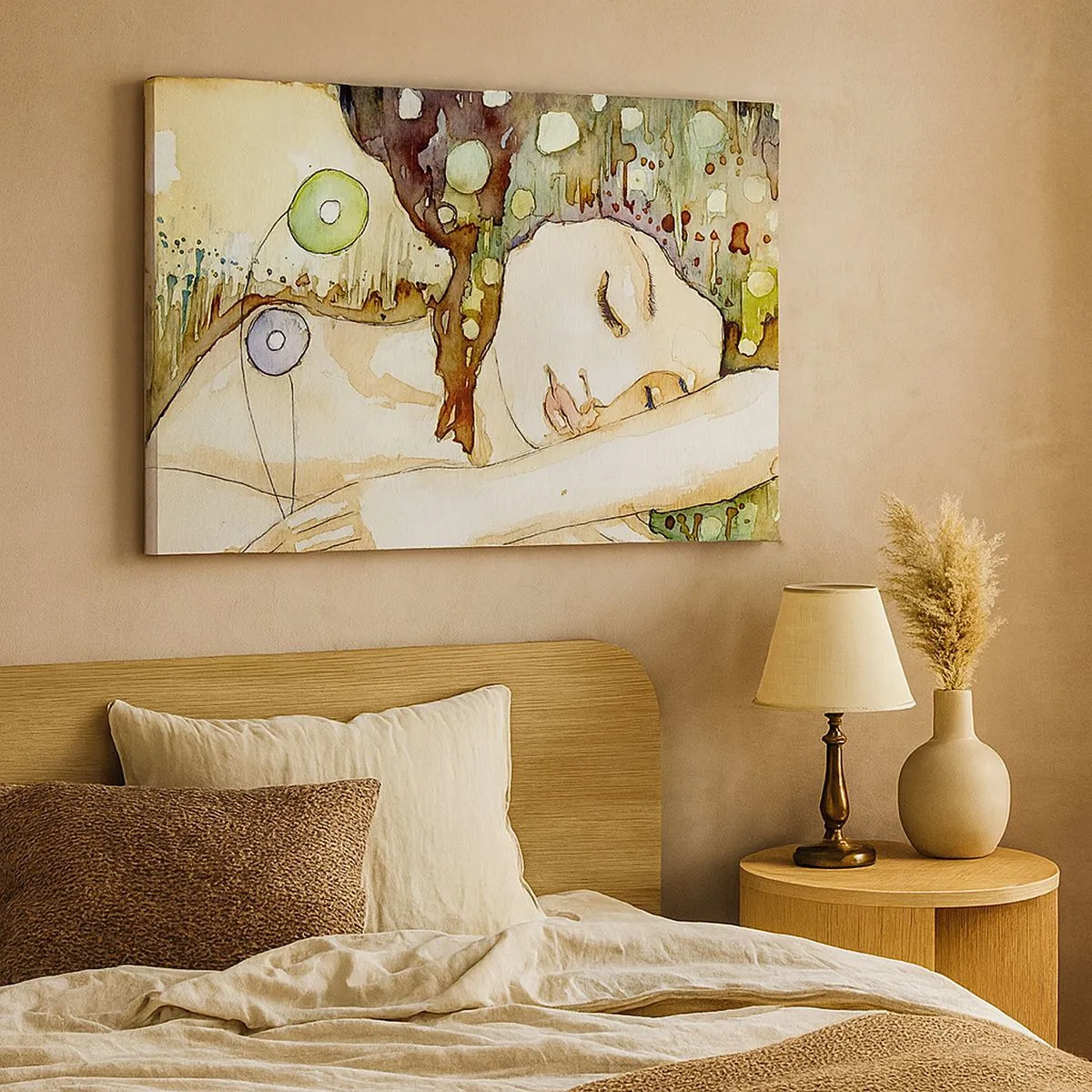 Lærredstryk - Billede på lærred - En kvinde drømmer omgivet af abstrakte former og farver. - 70x50cm - Smaragd-violet drøm - Moderne vægdekoration til stue og soveværelse ARTTOR