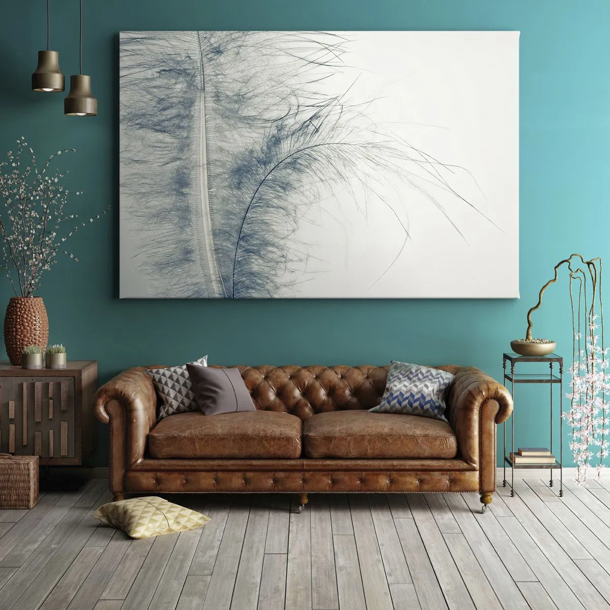 Lærredstryk - Billede på lærred - En delikat fjer i pastelfarver på en lys baggrund - 70x50cm - Naturens hvisken - Moderne vægdekoration til stue og soveværelse ARTTOR