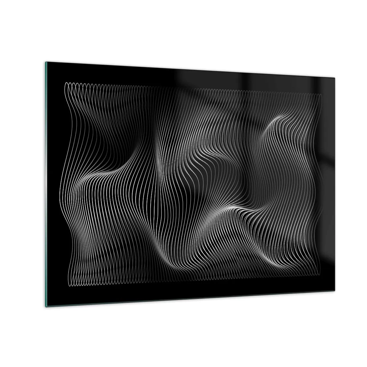 Billede på glas - Hypnotiserende hvide linjer, der bølger mod en sort baggrund - 70x50cm - Lysets dans i rummet - Moderne vægdekoration til stue og soveværelse ARTTOR