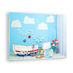 Billede på glas - Dekorativ havscene med en båd og nautiske rekvisitter - 70x50cm - Et barns længsel efter eventyr - Moderne vægdekoration til stue og soveværelse ARTTOR