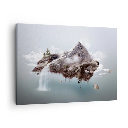 Lærredstryk - Billede på lærred - Et surrealistisk bjerg, der svæver i skyerne med et vandfald - 70x50cm - Set gennem en surrealists øjne - Moderne vægdekoration til stue og soveværelse ARTTOR
