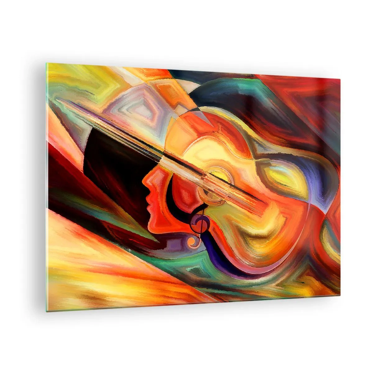 Billede på glas - Abstrakt portræt med en guitar og musikalske noder i baggrunden - 70x50cm - Og alt er i orden - Moderne vægdekoration til stue og soveværelse ARTTOR