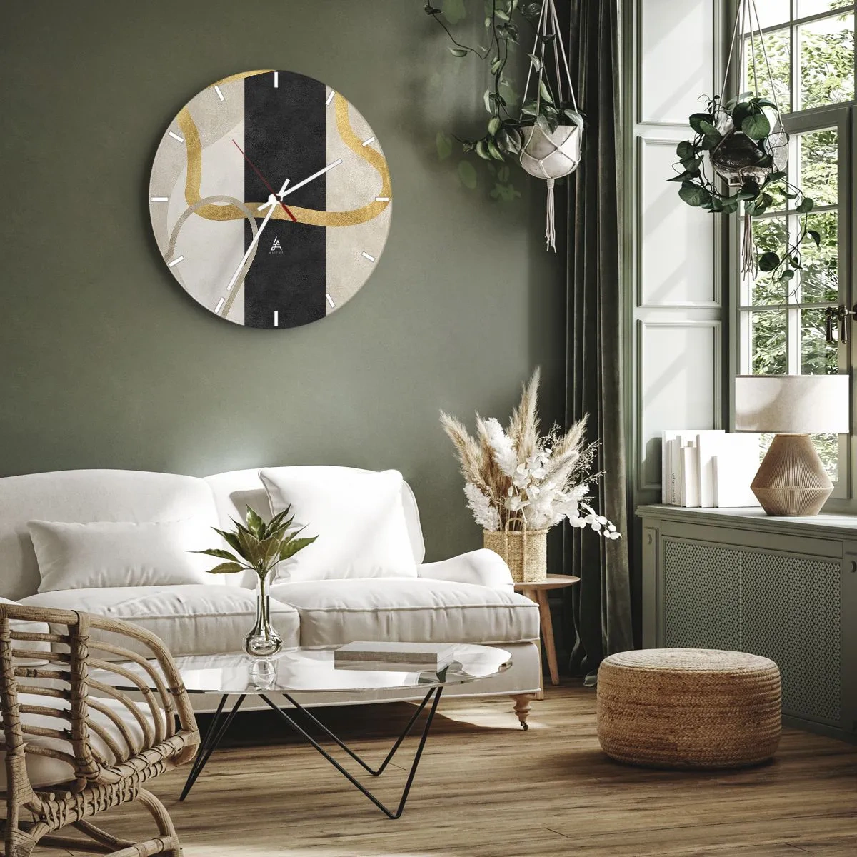 Vægur, Uret - Gyldne linjer mod en sort stribe og beige former - 30x30cm - Sløjfeformede former - Moderne vægdekoration til stue, køkken og soveværelse ARTTOR