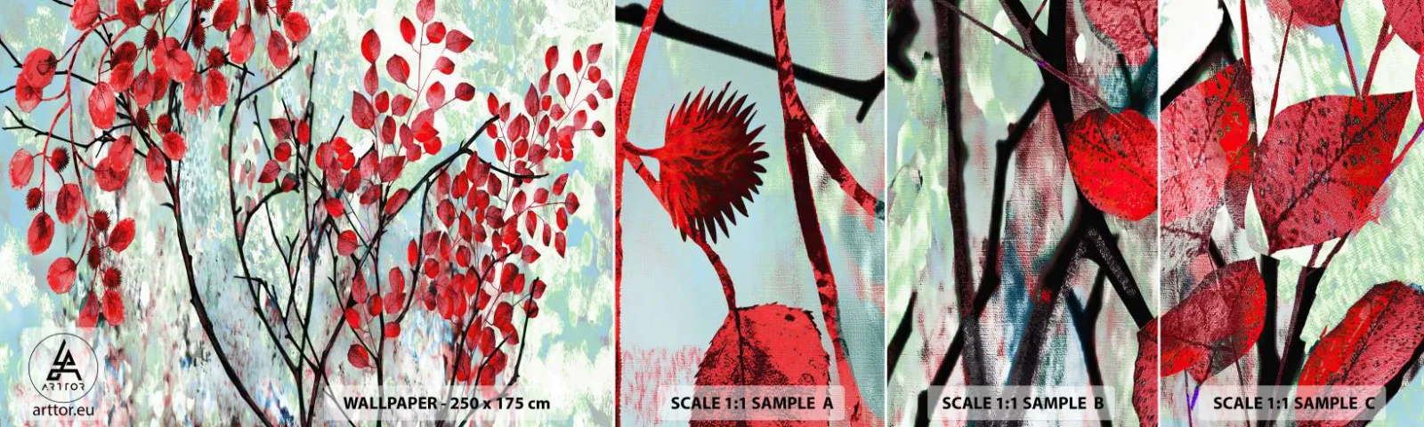 Prøve Fototapet Selvklæbende Deluxe Sticker - Træ i skarlagenrødt - Abstraktion, Røde Blade, Afdeling - 100x30 cm