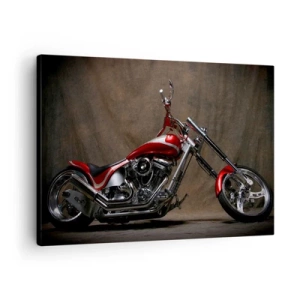 Lærredstryk - Billede på lærred - Rød specialmotorcykel mod en brun stofbaggrund - 70x50cm - Rød og sølvfarvet skønhed - Moderne vægdekoration til stue og soveværelse ARTTOR