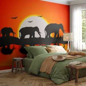 Fototapet Premium Sand - Og om aftenen til en lille drink - Dyr, Afrika, Elefant - 450x315 cm