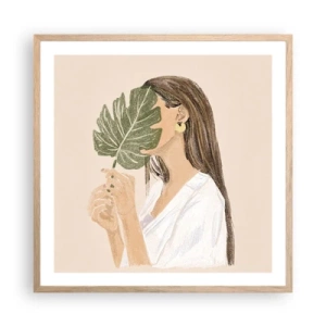 Plakat i ramme af lyst egetræ - Mystisk portræt med en vifte - 60x60 cm