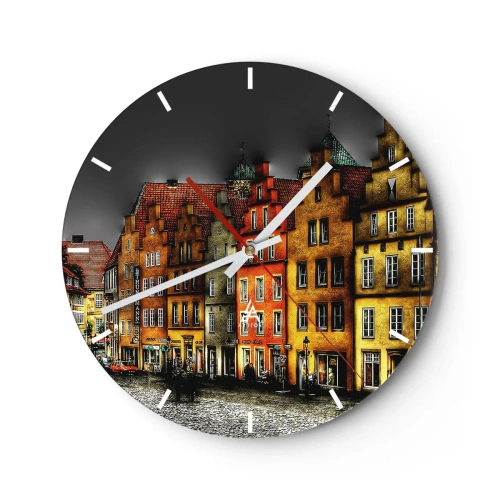 Vægur, Uret - Farverige lejlighedshuse mod den mørke himmel - 30x30cm - Det eneste, der mangler, er en fortryllet hestevogn - Moderne vægdekoration til stue, køkken og soveværelse ARTTOR
