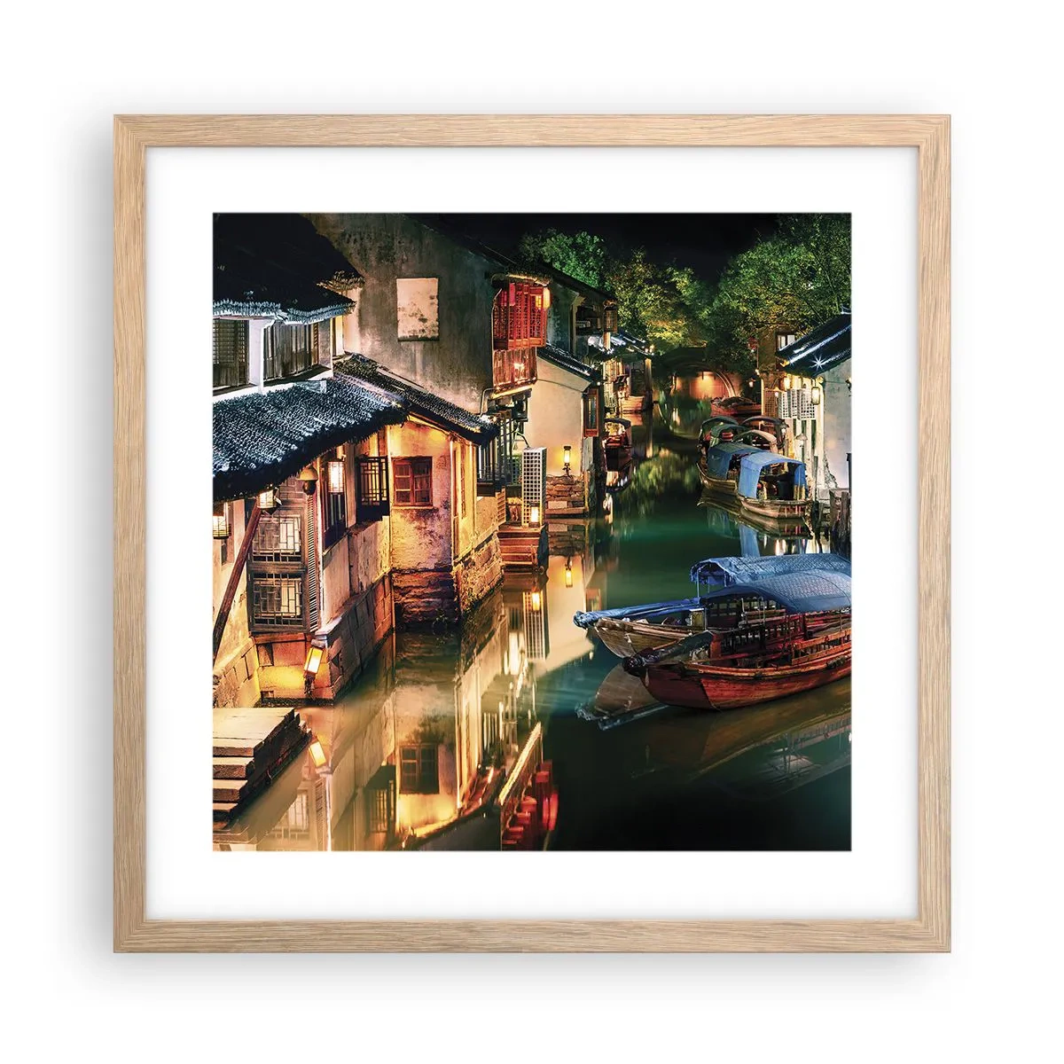 Plakat i ramme af lyst egetræ - En aften på en kinesisk gade - 40x40 cm