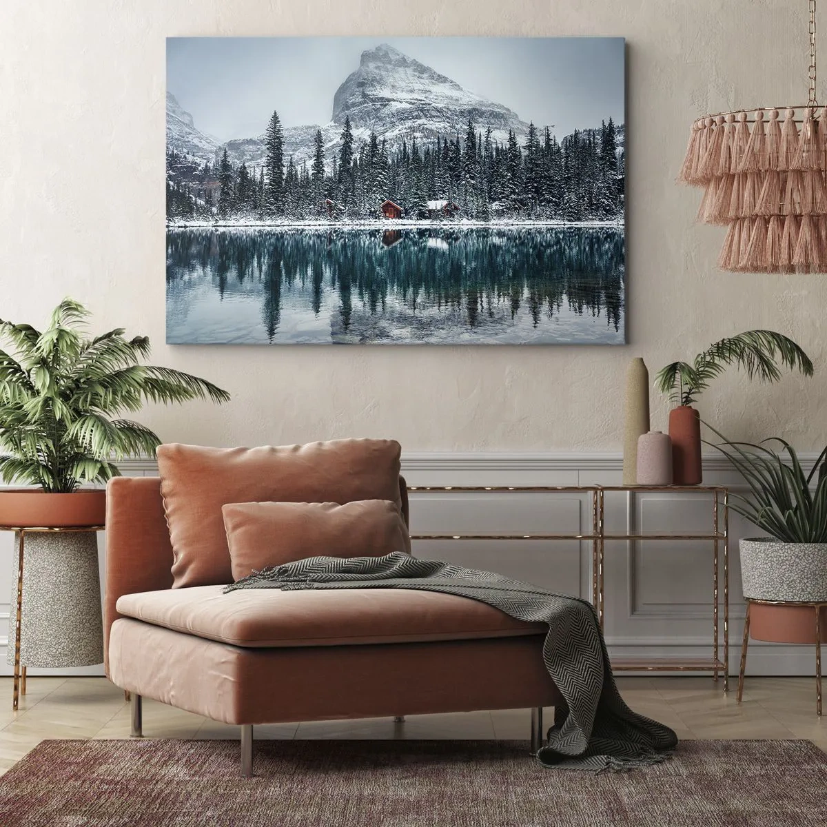 Lærredstryk - Billede på lærred - Vinterlandskab med hytter i skoven ved en frossen sø - 70x50cm - En canadisk retræte - Moderne vægdekoration til stue og soveværelse ARTTOR