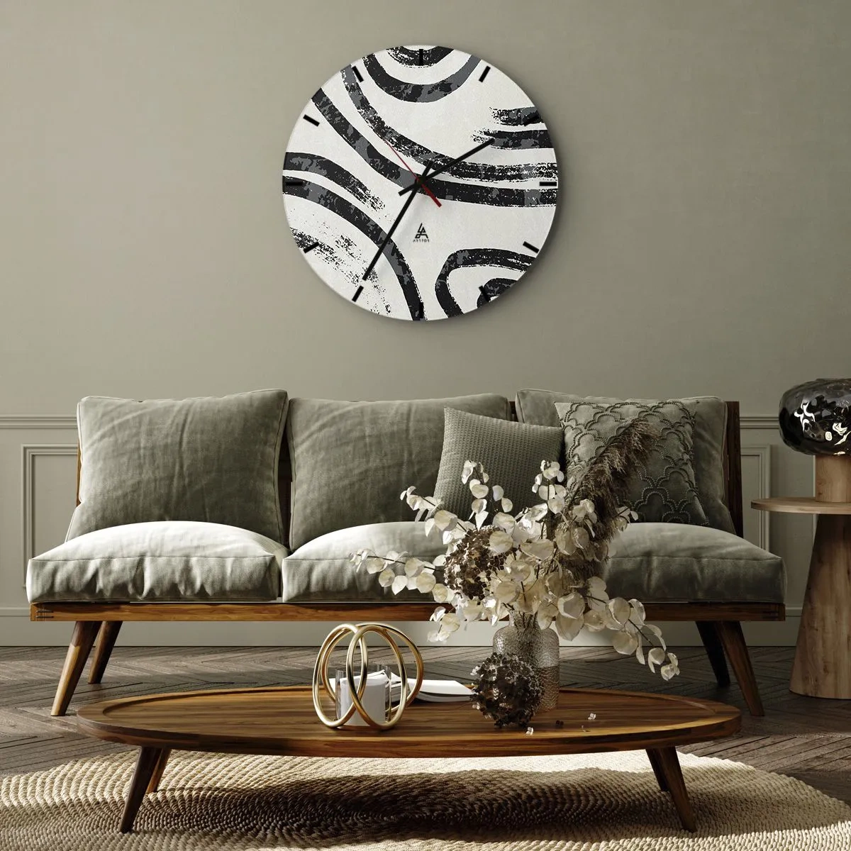Vægur, Uret - Sorte og grå buer på en lys baggrund i minimalistisk stil - 30x30cm - Halvt stoppet - Moderne vægdekoration til stue, køkken og soveværelse ARTTOR