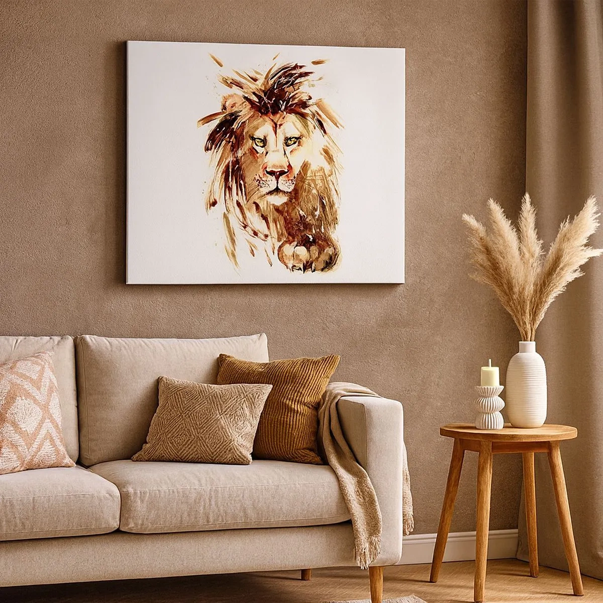 Lærredstryk - Billede på lærred - Akvarelportræt af en løve med intense detaljer - 70x50cm - Styrke og værdighed - Moderne vægdekoration til stue og soveværelse ARTTOR