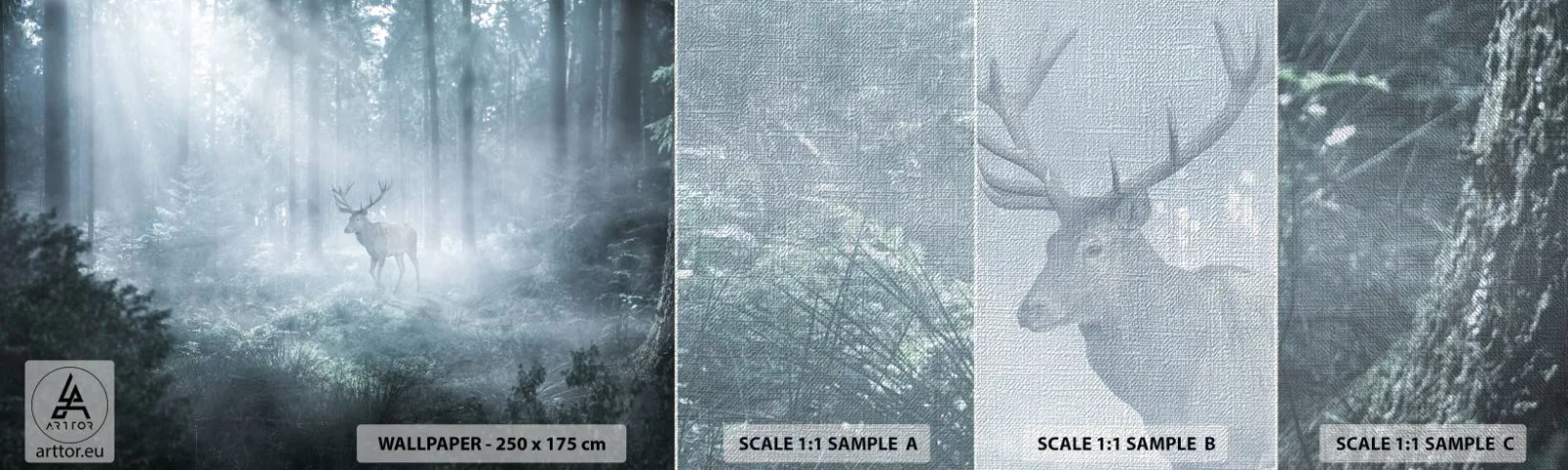 Prøve Fototapet Premium Canvas - Morgenvandring rundt på godset - Landskab, Skov, Hjort - 100x30 cm