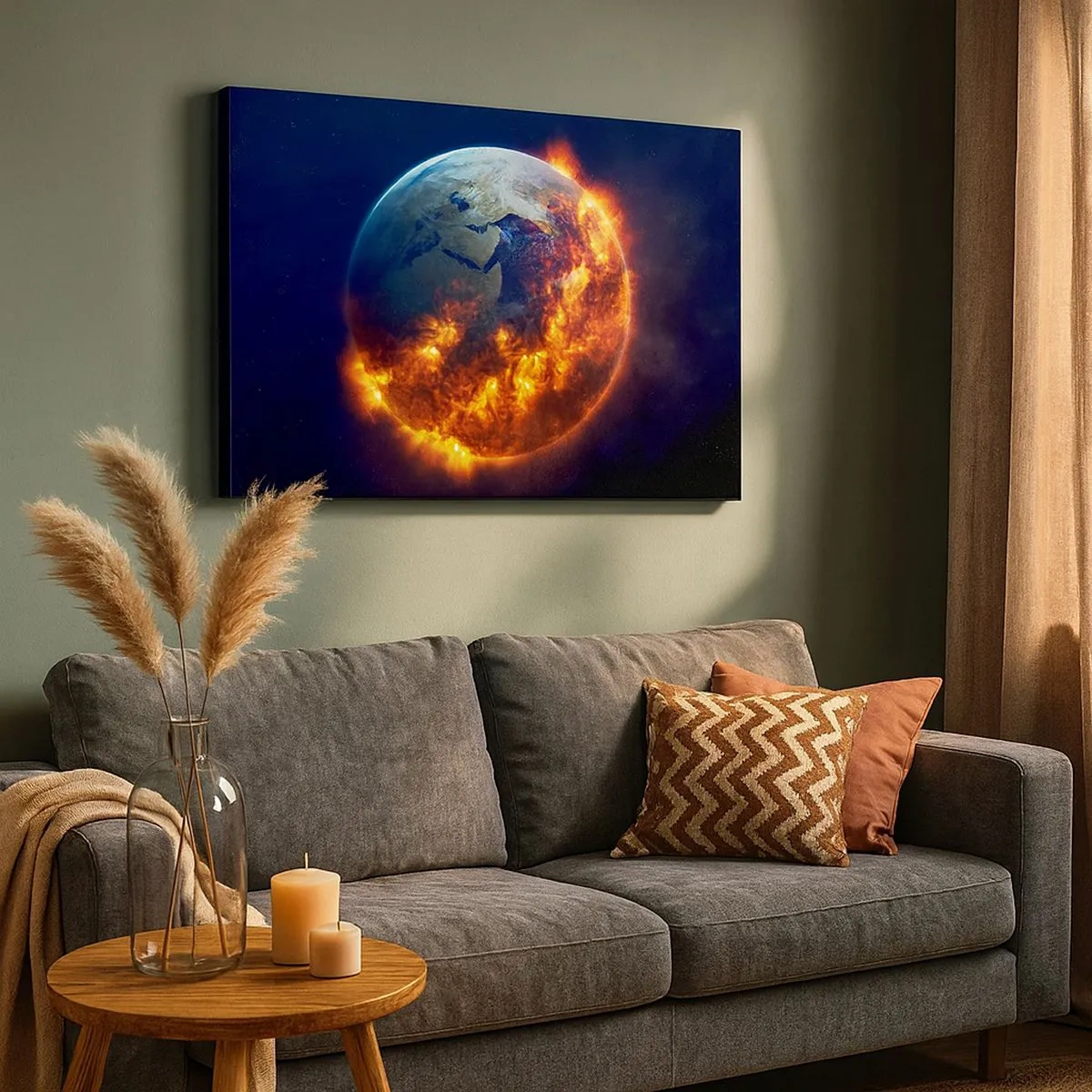 Lærredstryk - Billede på lærred - Planeten Jorden i brand i det ydre rum - 70x50cm - Apokalypsens flamme - Moderne vægdekoration til stue og soveværelse ARTTOR