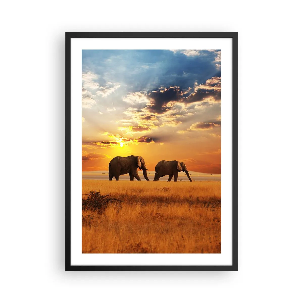 Plakat i sort ramme - Elefanter går i den nedgående sols skær - 50x70cm - Familievandring - Moderne vægdekoration til stue og soveværelse ARTTOR