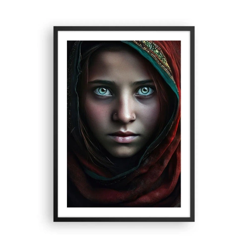 Plakat i sort ramme - Portræt af en pige i et rødt sjal med hypnotiserende øjne - 50x70cm - Østens prinsesse - Moderne vægdekoration til stue og soveværelse ARTTOR