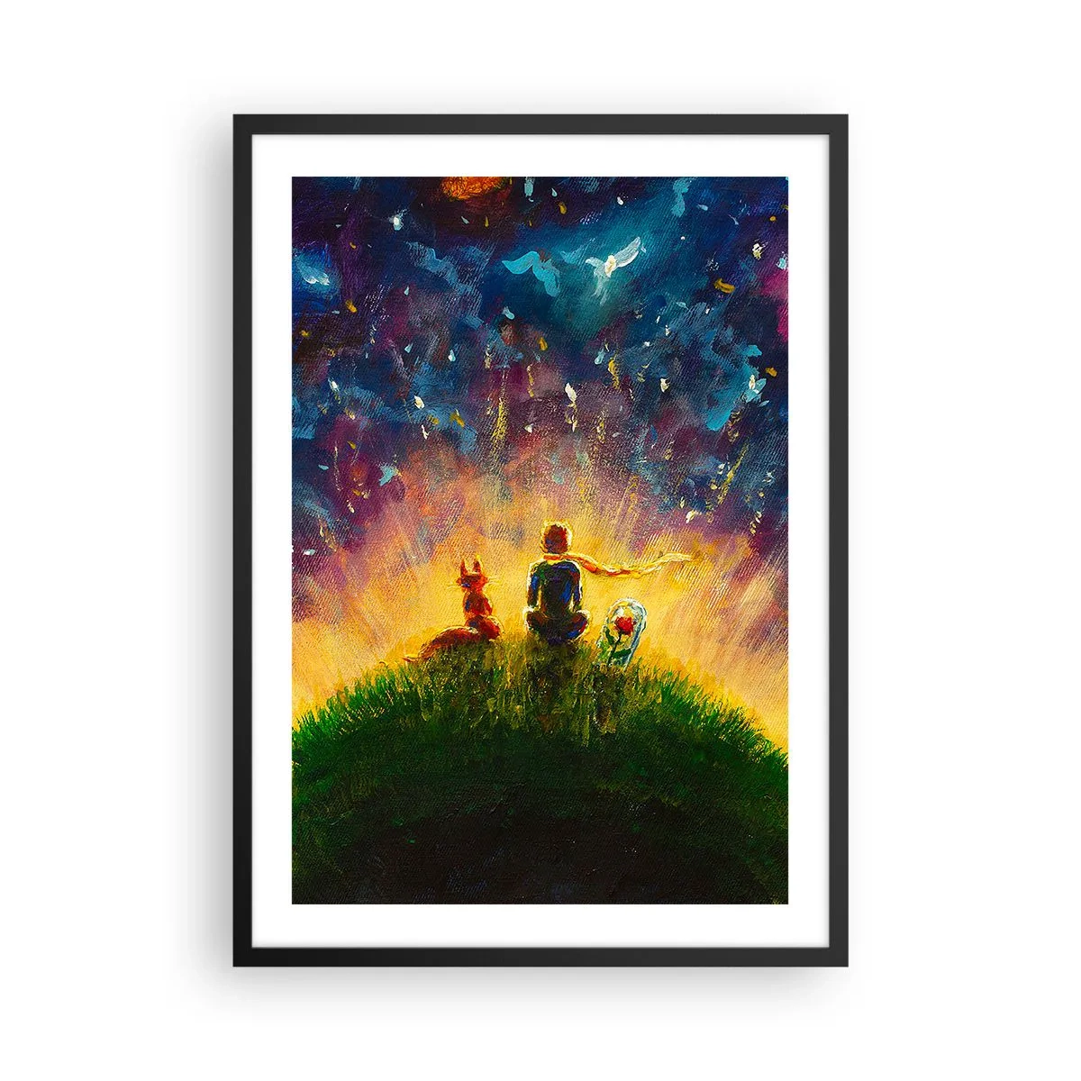 Plakat i sort ramme - Figurer siddende på en bakke under en stjerneklar himmel - 50x70cm - Kærlighed og venskab - hele verden - Moderne vægdekoration til stue og soveværelse ARTTOR