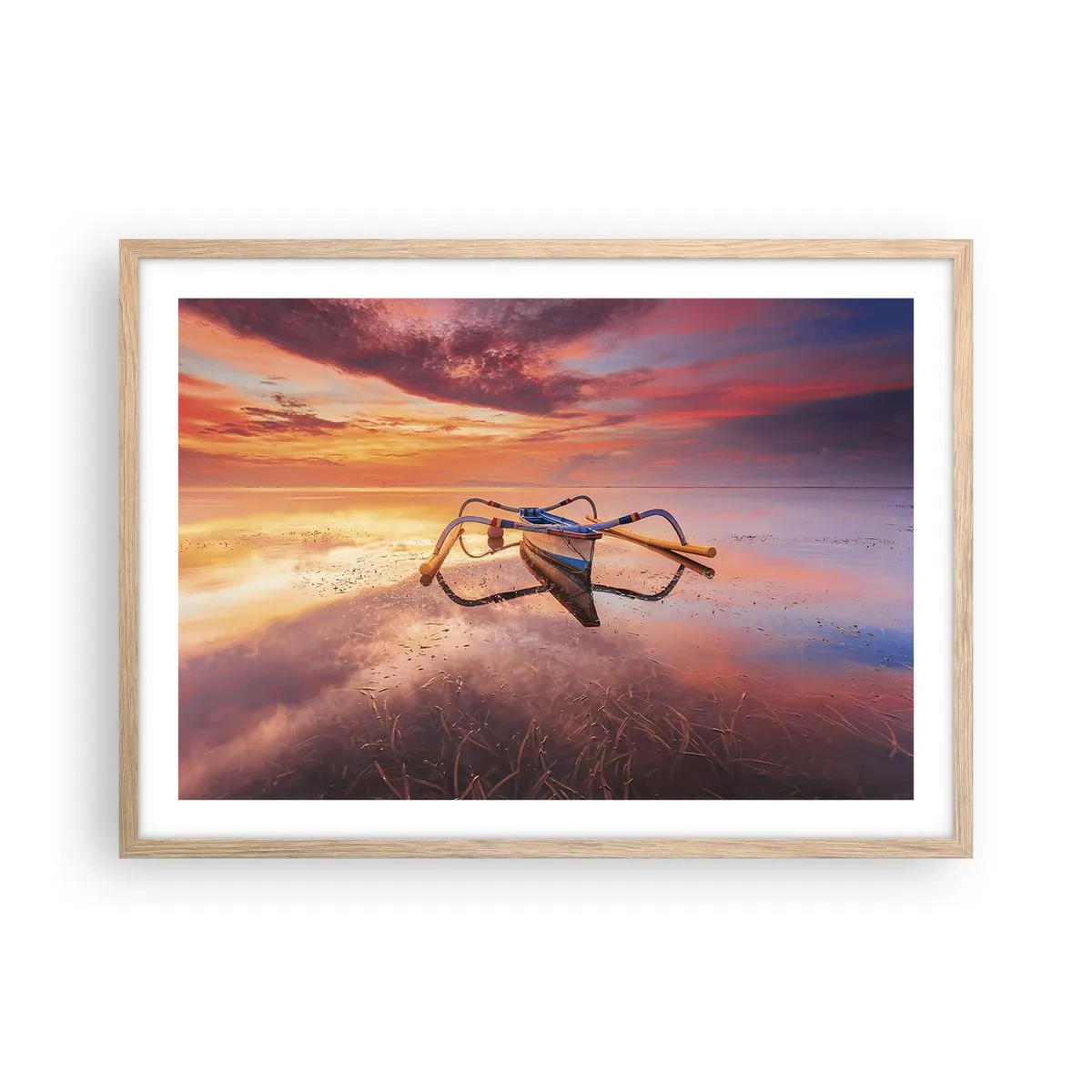 Plakat i ramme af lyst egetræ - Roen ved en tropisk aften - 70x50 cm