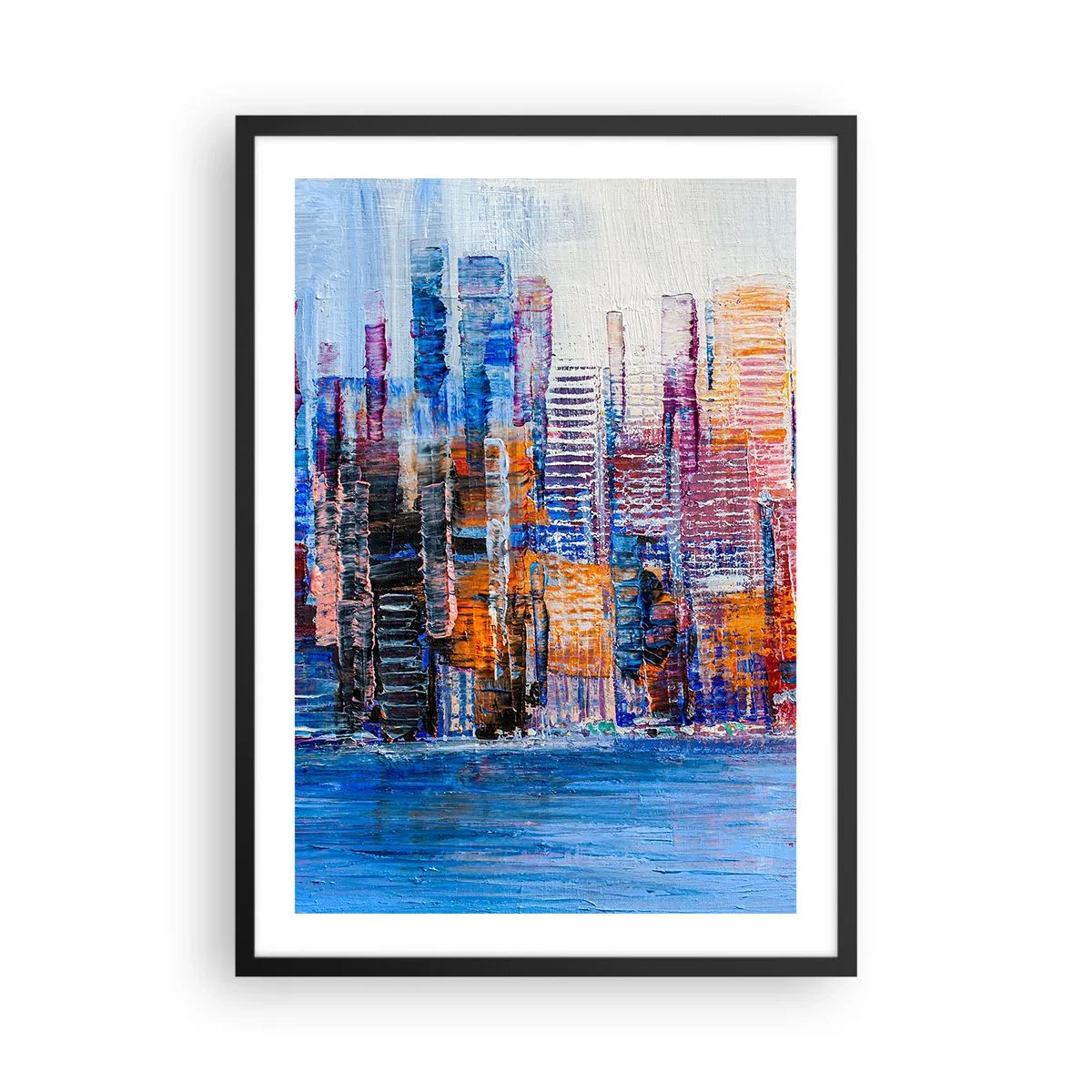 Plakat i sort ramme - Abstrakt bypanorama i intense farver - 50x70cm - En glad metropol - Moderne vægdekoration til stue og soveværelse ARTTOR