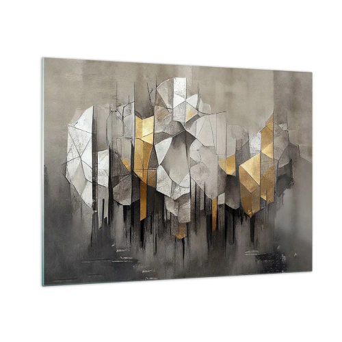 Billede på glas - Abstrakte former i nuancer af grå, hvid og guld - 70x50cm - Komposition lavet af is og lys - Moderne vægdekoration til stue og soveværelse ARTTOR
