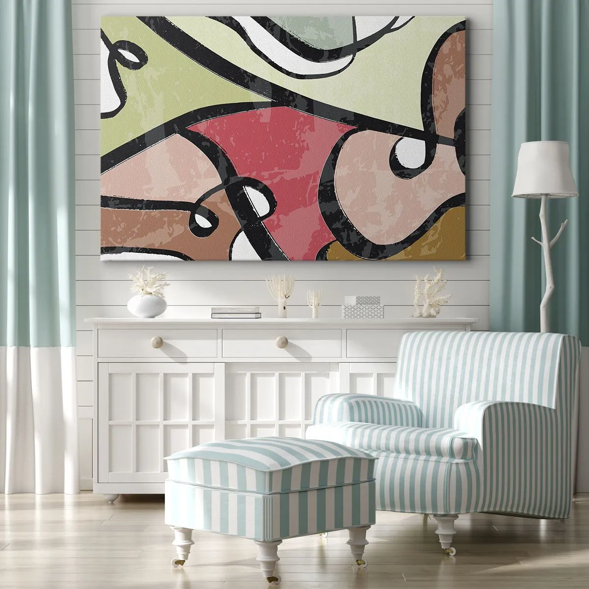 Lærredstryk - Billede på lærred - Farverige abstrakte former med sorte linjer - 70x50cm - Pirouetter blandt farver - Moderne vægdekoration til stue og soveværelse ARTTOR