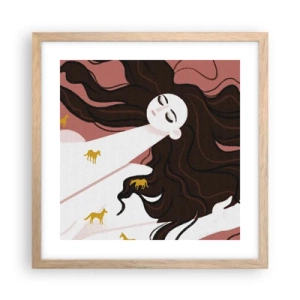 Plakat i ramme af lyst egetræ - Drøm om en gylden hest - 40x40 cm