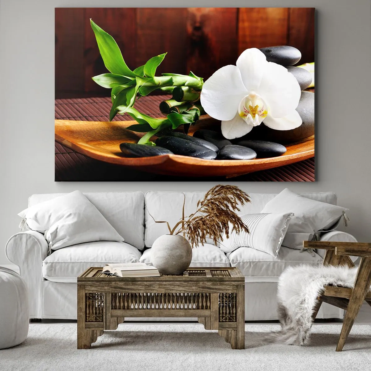 Lærredstryk - Billede på lærred - Hvid orkidé med bambus mod en zen-stil stenbaggrund - 70x50cm - Overgiv dig til naturens berøring - Moderne vægdekoration til stue og soveværelse ARTTOR