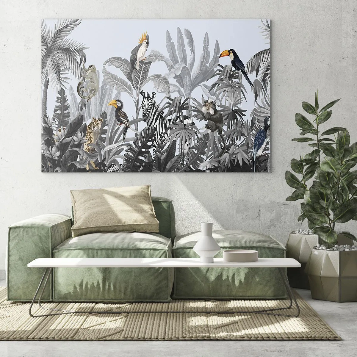 Billede på glas - Eksotiske dyr i en sort-hvid jungle på en lys baggrund - 70x50cm - En afrikansk fabel - Moderne vægdekoration til stue og soveværelse ARTTOR