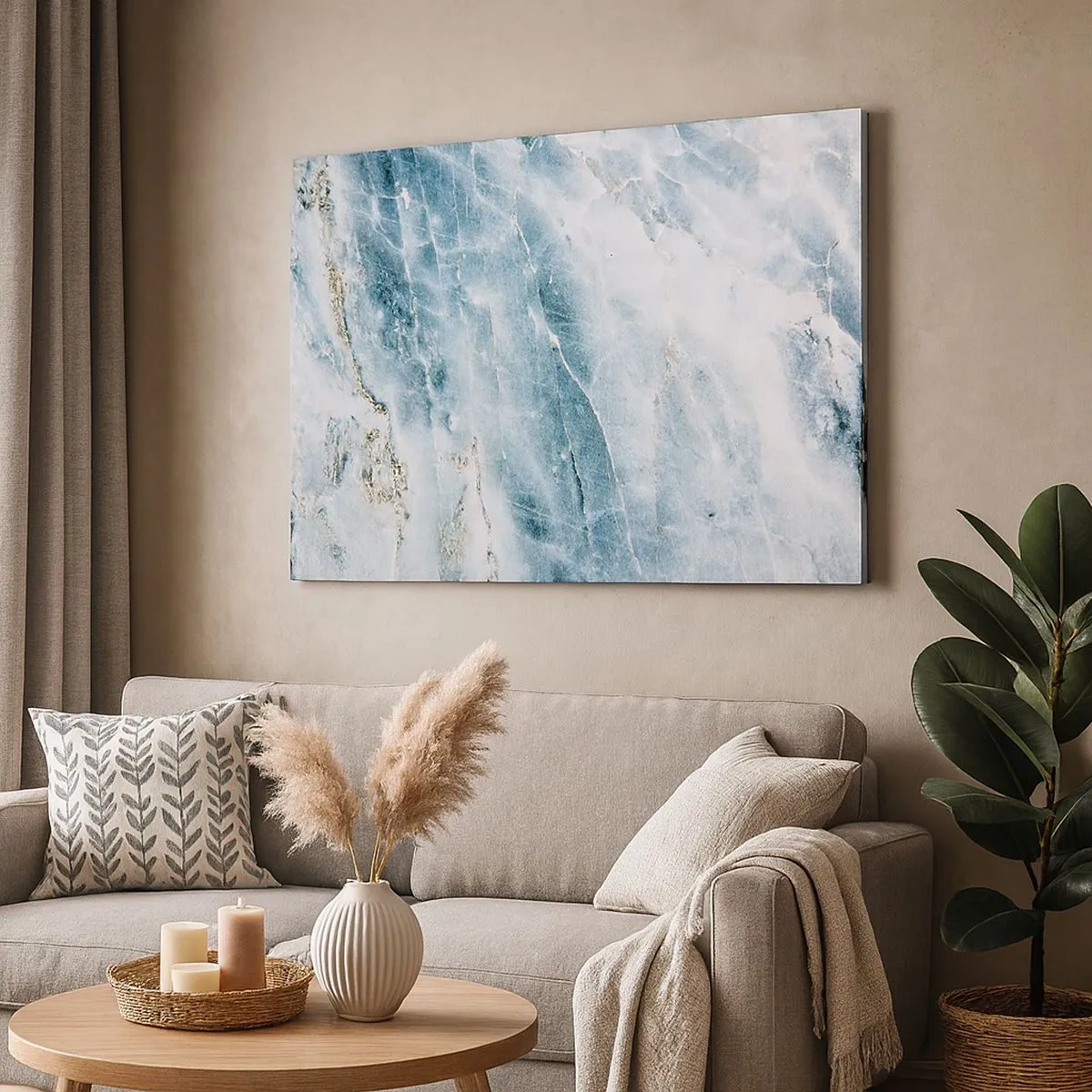 Lærredstryk - Billede på lærred - Marmortekstur i nuancer af blå og hvid - 70x50cm - Isverden - Moderne vægdekoration til stue og soveværelse ARTTOR