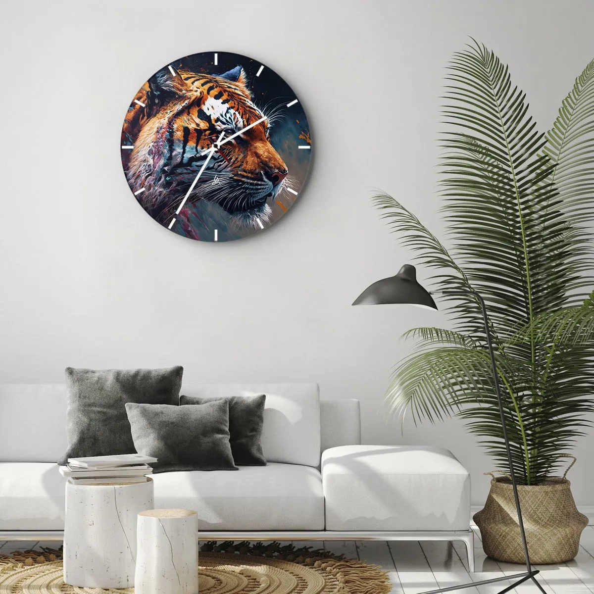 Vægur, Uret - Portræt af en tiger i intense farver med maleriske accenter - 30x30cm - Vild skønhed - Moderne vægdekoration til stue, køkken og soveværelse ARTTOR