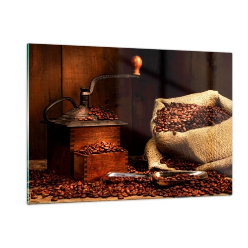 Billede på glas - Stilleben med kaffebønner og kværn - 120x80 cm