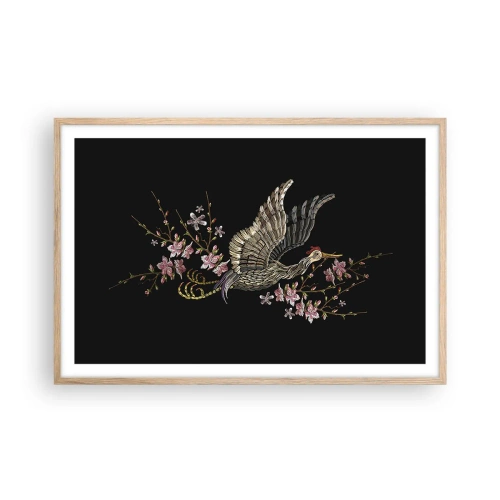 Plakat i ramme af lyst egetræ - Eksotisk broderet fugl - 91x61 cm
