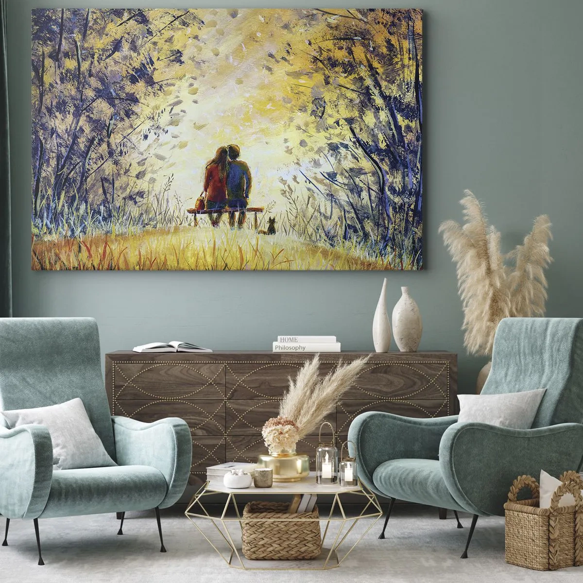 Lærredstryk - Billede på lærred - Et par sidder på en bænk blandt efterårstræer i sollyset - 70x50cm - Et magisk øjeblik - Moderne vægdekoration til stue og soveværelse ARTTOR