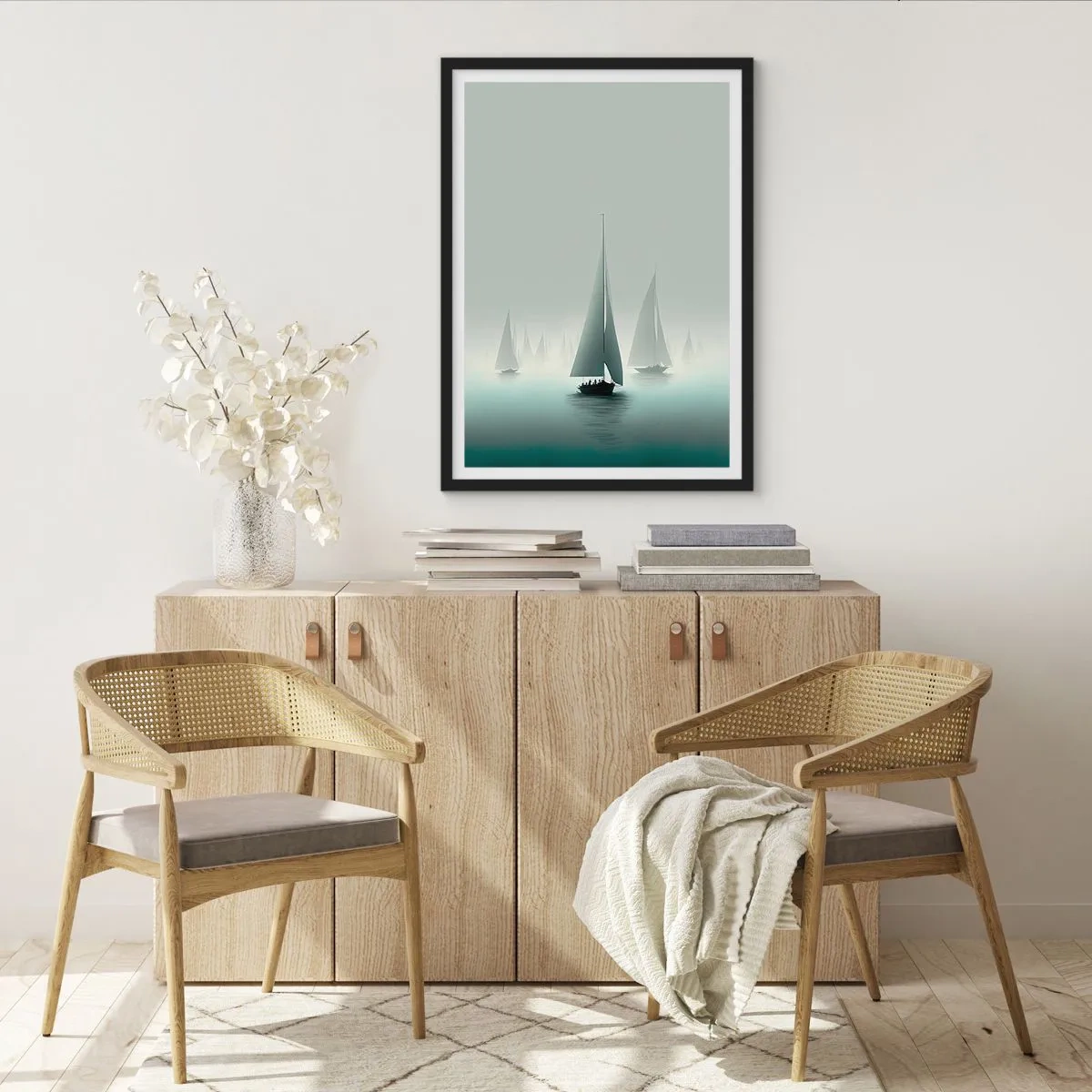 Plakat i sort ramme - En gruppe sejlbåde sejler på et tåget hav, omgivet af roligt vand. - 50x70cm - Bygget af tåge - Moderne vægdekoration til stue og soveværelse ARTTOR