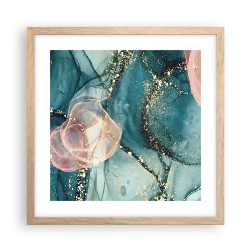Plakat i ramme af lyst egetræ - Silkeblå, tyl lyserød - 40x40 cm