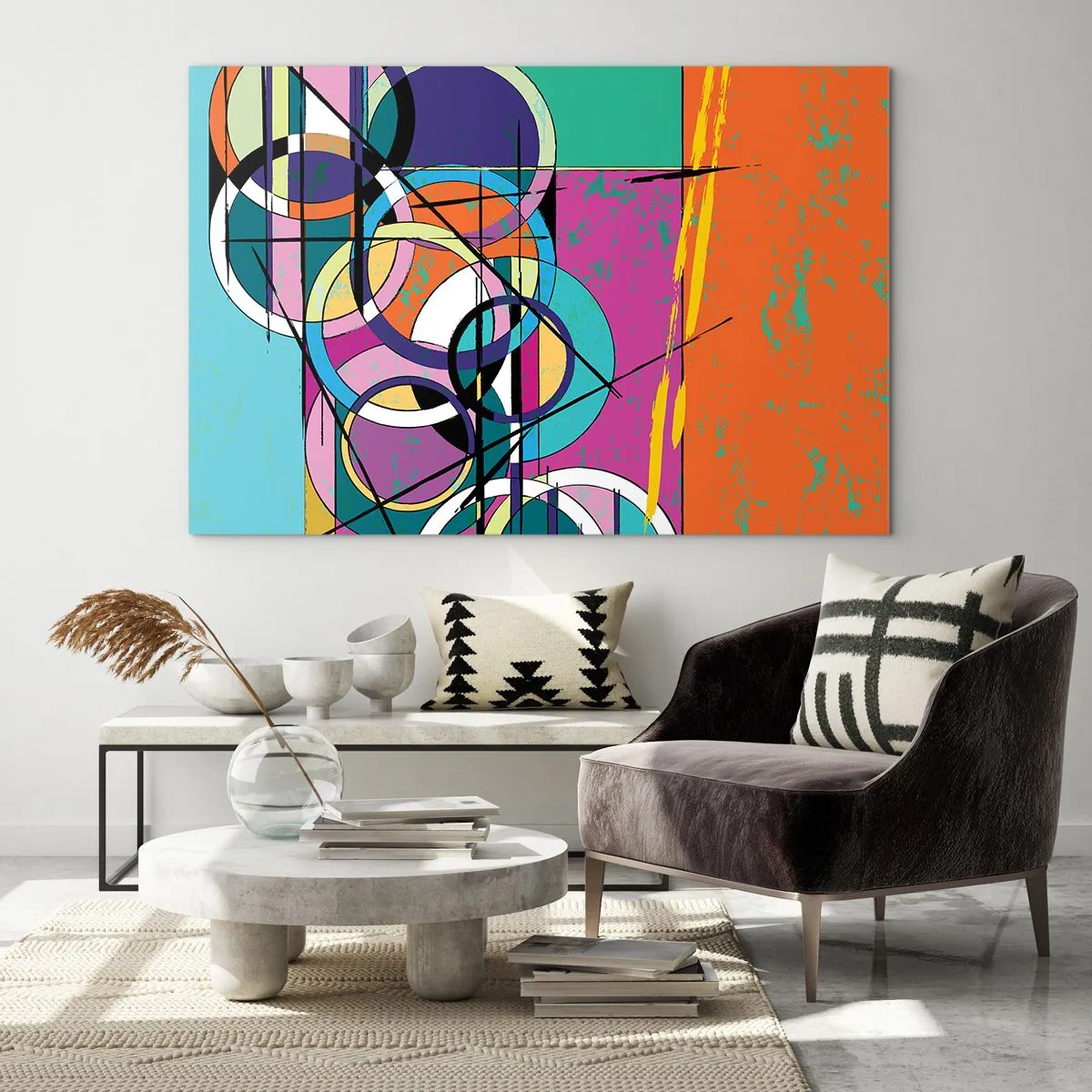 Billede på glas - Farverig abstraktion med geometriske former og cirkler - 70x50cm - Hjul for hjul - Moderne vægdekoration til stue og soveværelse ARTTOR
