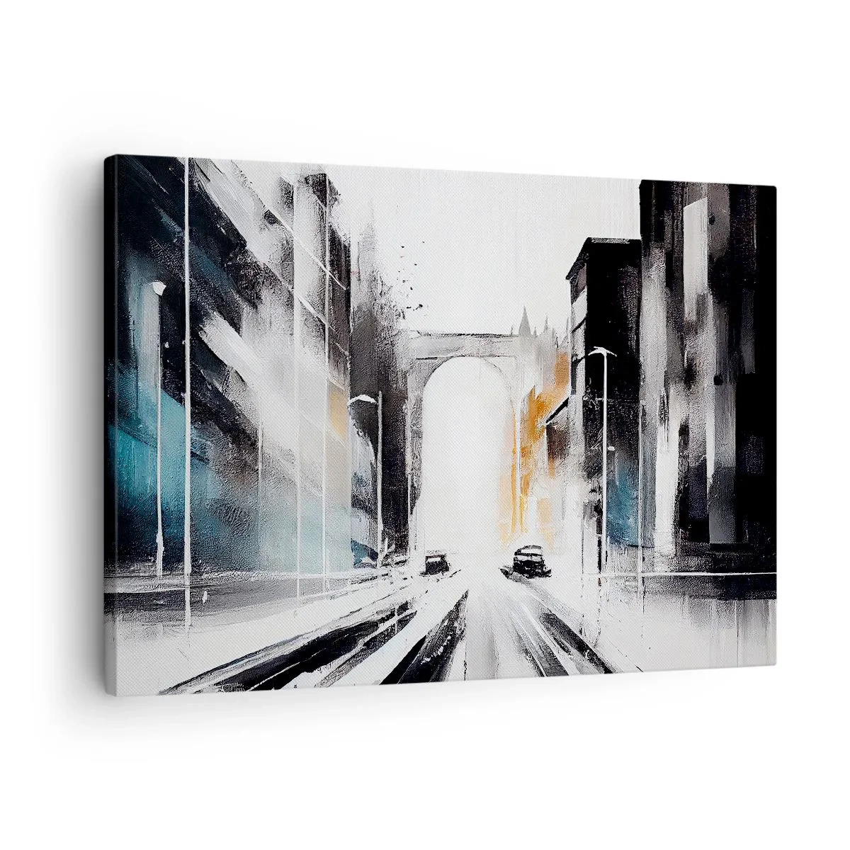 Lærredstryk - Billede på lærred - Abstrakt bypanorama med en buet bro - 70x50cm - Bystudie: arkitektur og bevægelse - Moderne vægdekoration til stue og soveværelse ARTTOR