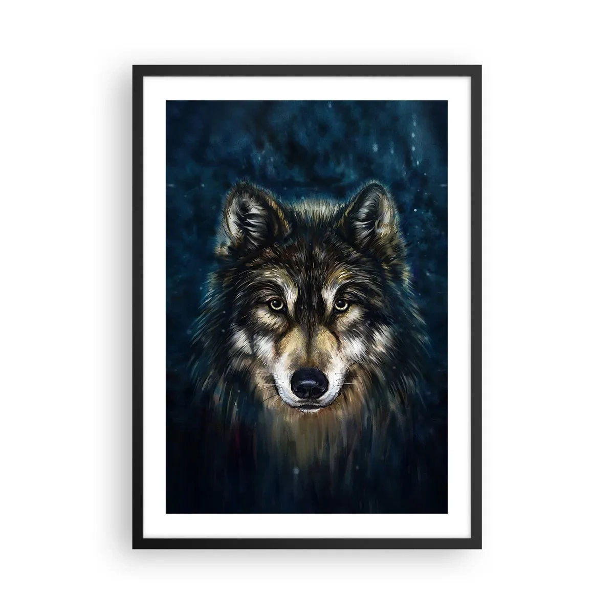 Plakat i sort ramme - Portræt af en ulv i en mørk, kunstnerisk tone - 50x70cm - Alfa? Og omega - Moderne vægdekoration til stue og soveværelse ARTTOR