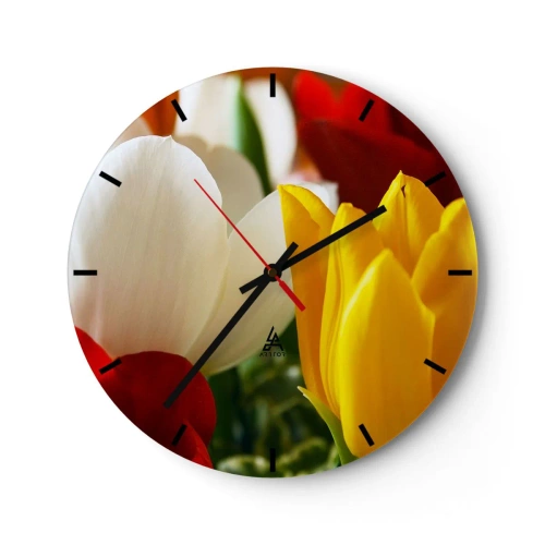 Vægur, Uret - Nærbillede af farverige tulipaner, gule, hvide og røde - 30x30cm - Tulipanfeber - Moderne vægdekoration til stue, køkken og soveværelse ARTTOR