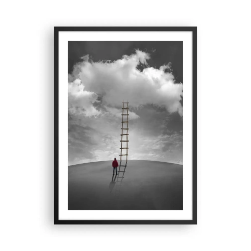 Plakat i sort ramme - En mand står ved en stige, der fører op til skyerne - 50x70cm - Alt er muligt - Moderne vægdekoration til stue og soveværelse ARTTOR