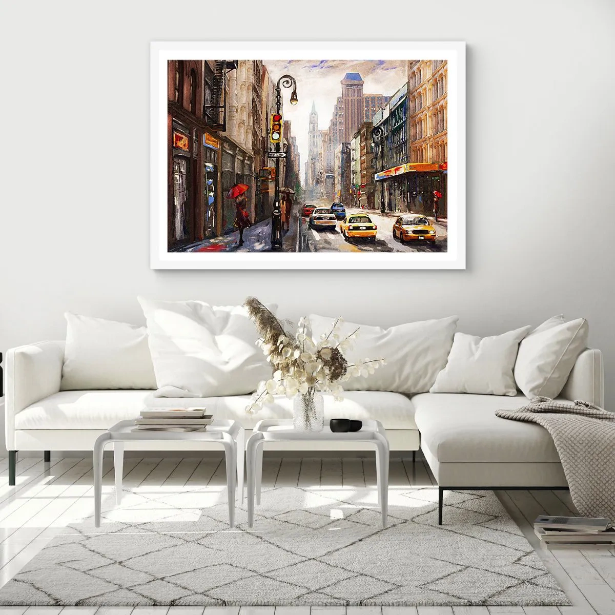 Plakat i hvid ramme - New York - også farverig i regnvejr - 91x61 cm